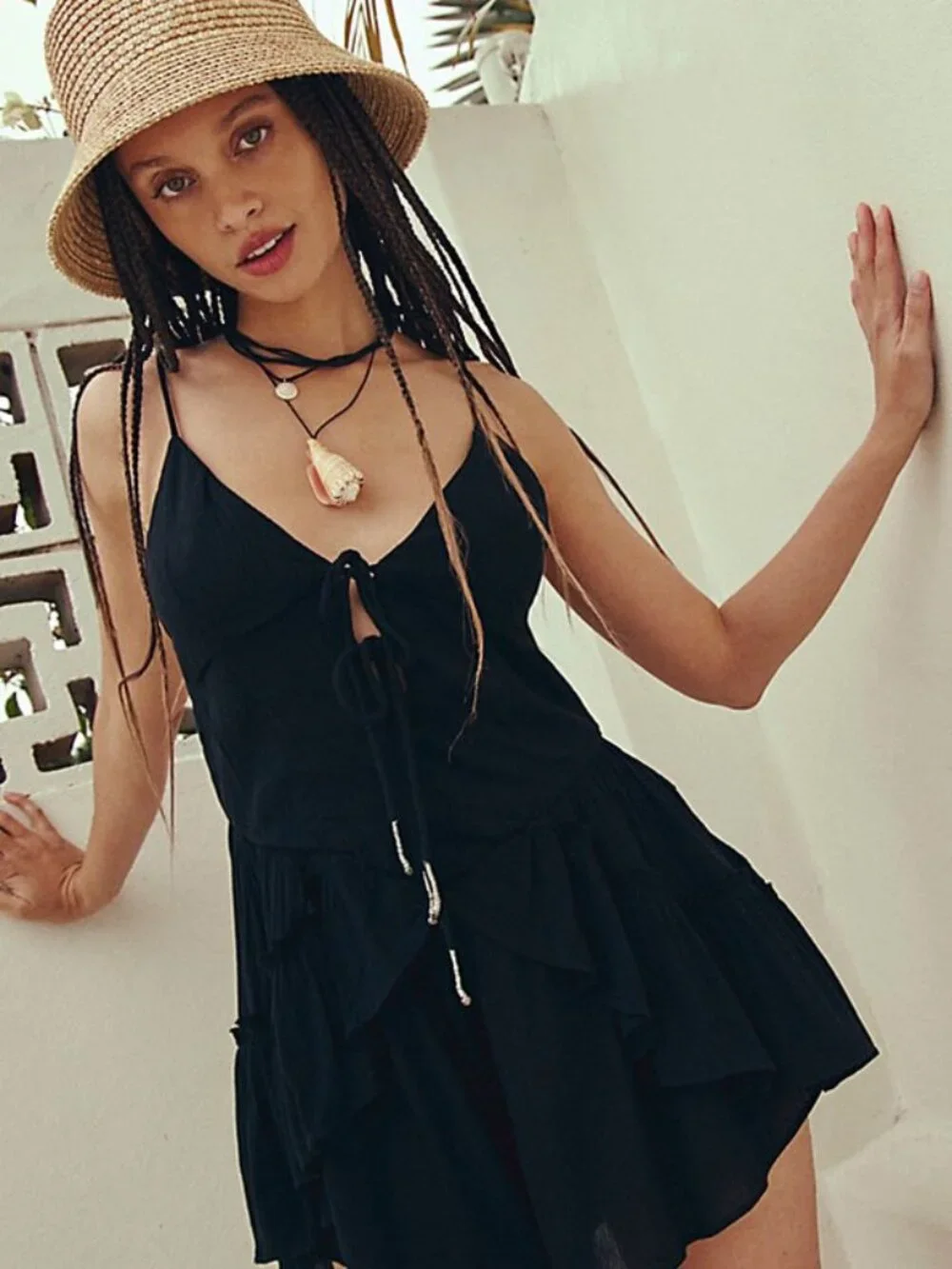 Free People Brielle Playsuit Smocked Slim V Neck Straps Ruffle Tie Romper XL